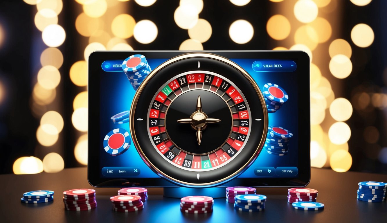 Roda roulette digital berputar di layar yang bersinar, dikelilingi oleh chip kasino virtual dan antarmuka yang ramping