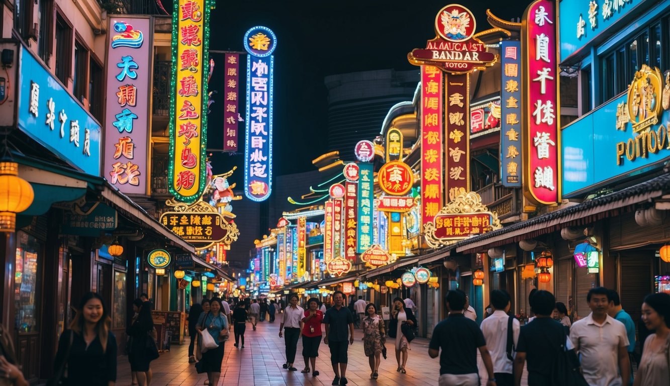 Sebuah jalan yang ramai di Macau dipenuhi dengan tanda-tanda berwarna-warni dan lampu-lampu yang cerah, menunjukkan suasana hidup Bandar Toto