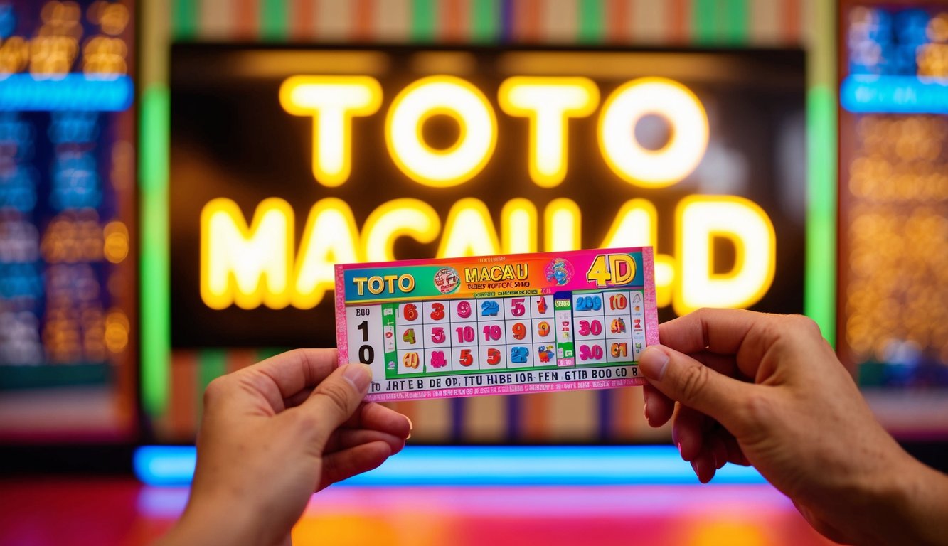 Sebuah tiket lotere yang berwarna-warni dan cerah dipegang di depan papan neon yang bersinar untuk "Toto Macau 4D."