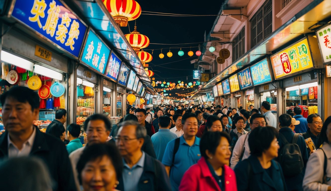 Pasar jalanan yang ramai di Toto Macau, dengan kios berwarna-warni dan kerumunan yang hidup