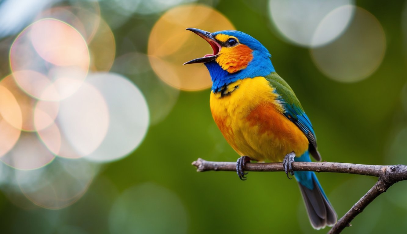 Seekor burung berwarna-warni bertengger di atas dahan, bernyanyi dengan keras