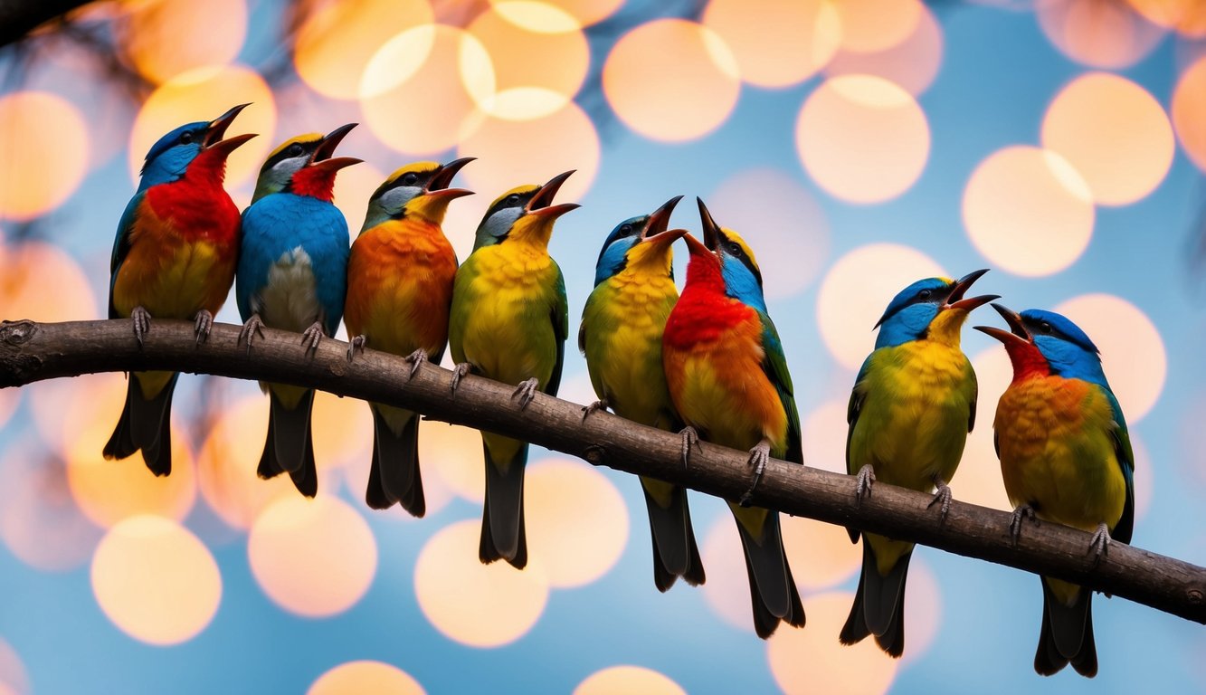 Sekumpulan burung bernyanyi yang berwarna-warni bertengger di atas dahan