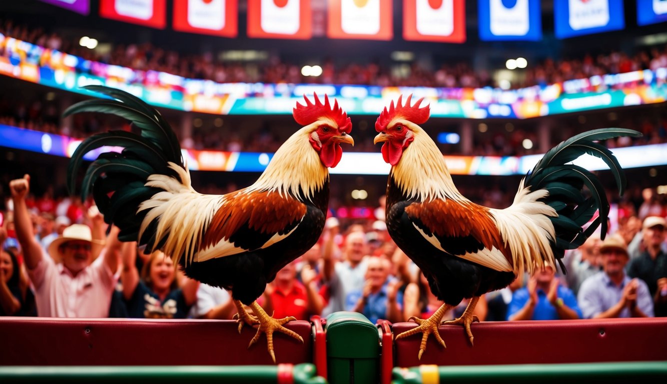 Dua ayam jantan berhadapan di arena yang ramai, dikelilingi oleh penonton yang bersorak dan spanduk berwarna-warni