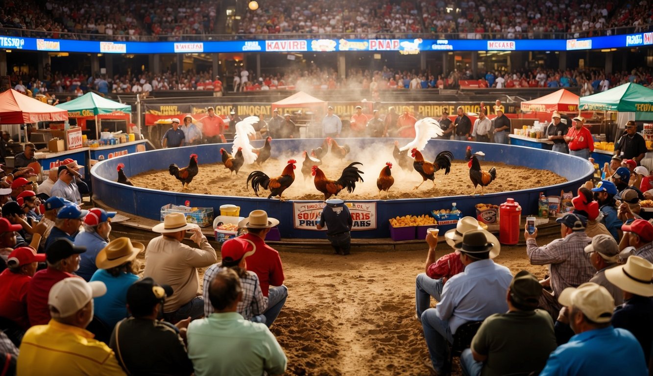 Sebuah arena yang ramai dengan ayam jantan bertarung di tengah, dikelilingi oleh penonton yang bersorak dan pedagang yang menjual makanan ringan dan minuman