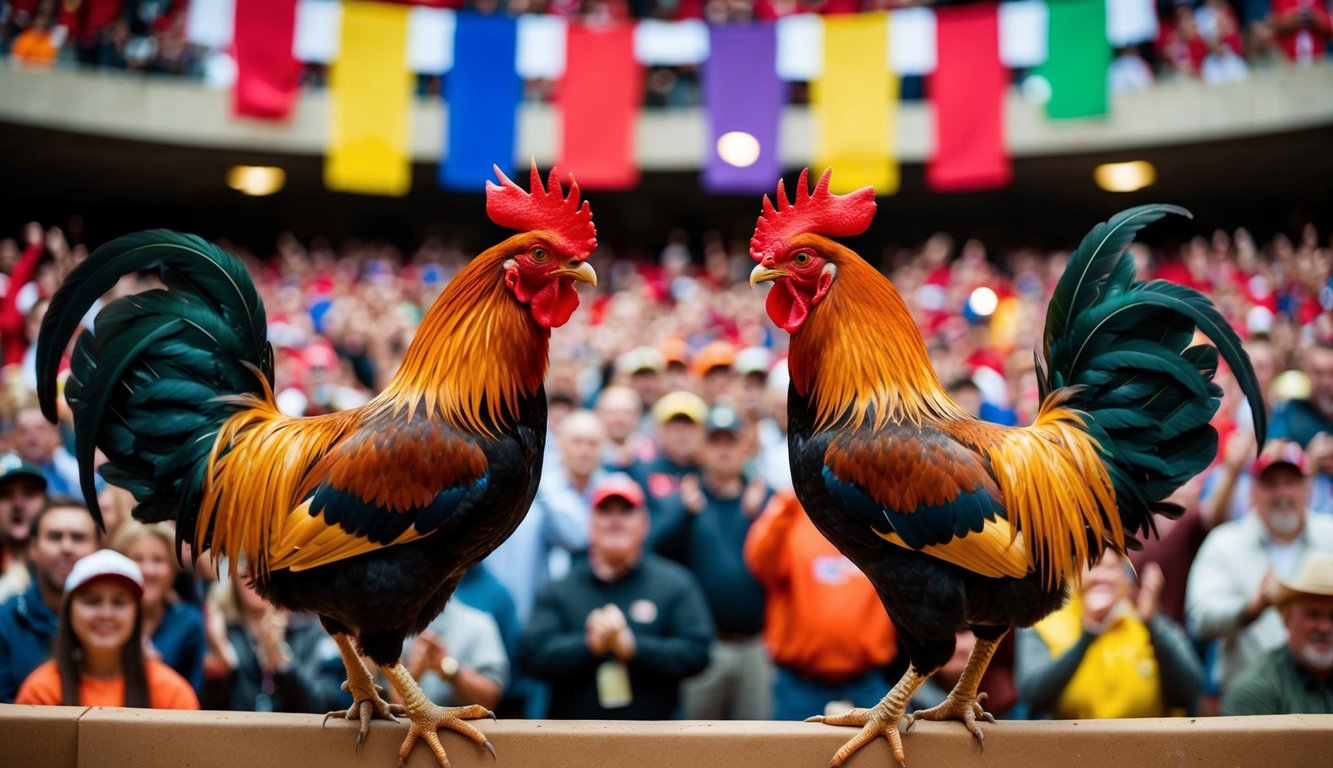 Dua ayam jantan berhadapan di arena yang ramai, dikelilingi oleh penonton yang bersorak dan spanduk berwarna-warni
