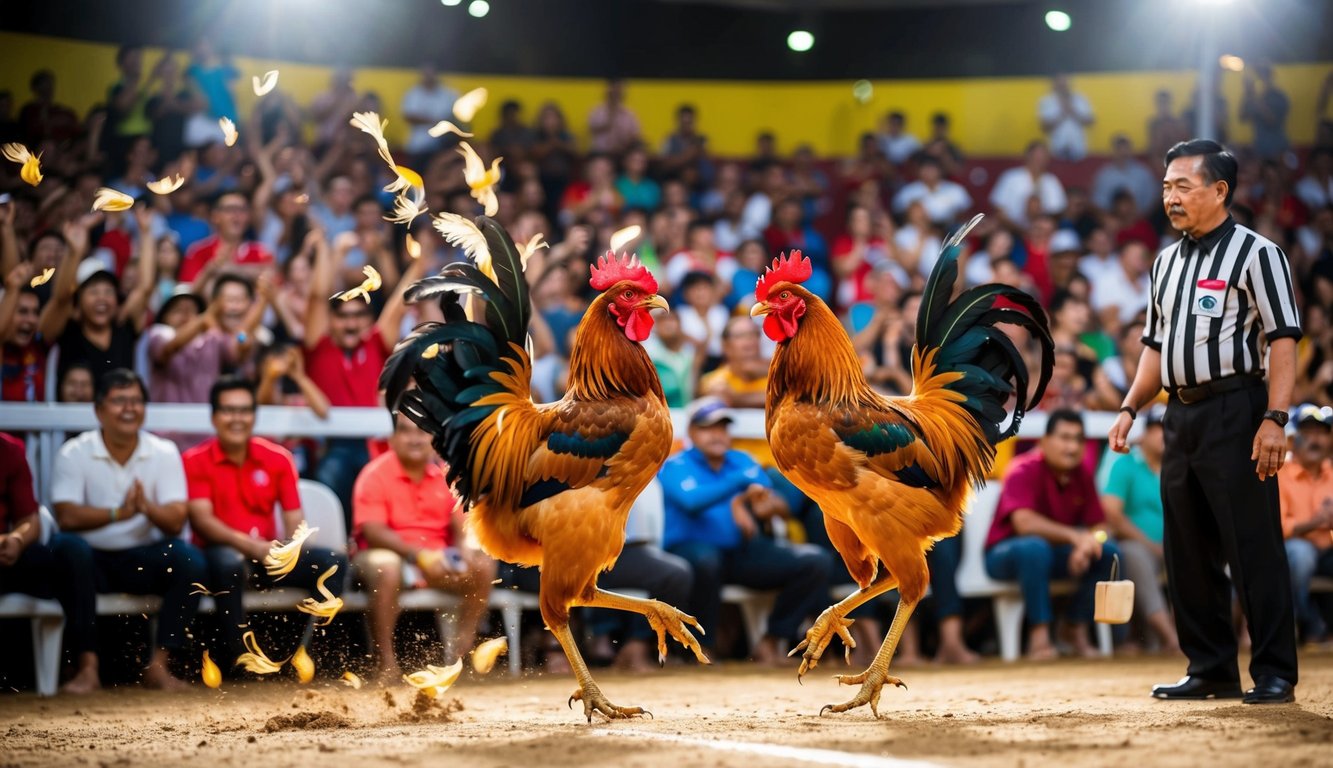 Sebuah arena yang ramai dengan penonton yang bersorak, dua ayam jantan terlibat dalam pertempuran, bulu-bulu beterbangan, dan seorang wasit mengawasi pertandingan Sabung Ayam yang intens.