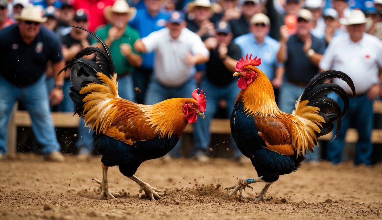 Dua ayam jantan bertarung sengit di sebuah lubang tanah yang dikelilingi oleh penonton yang bersorak.