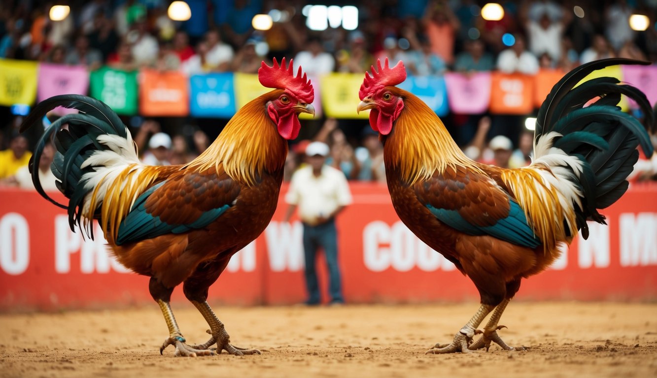 Dua ayam jantan berhadapan di arena sabung ayam yang ramai, dikelilingi oleh penonton yang bersorak dan spanduk berwarna-warni