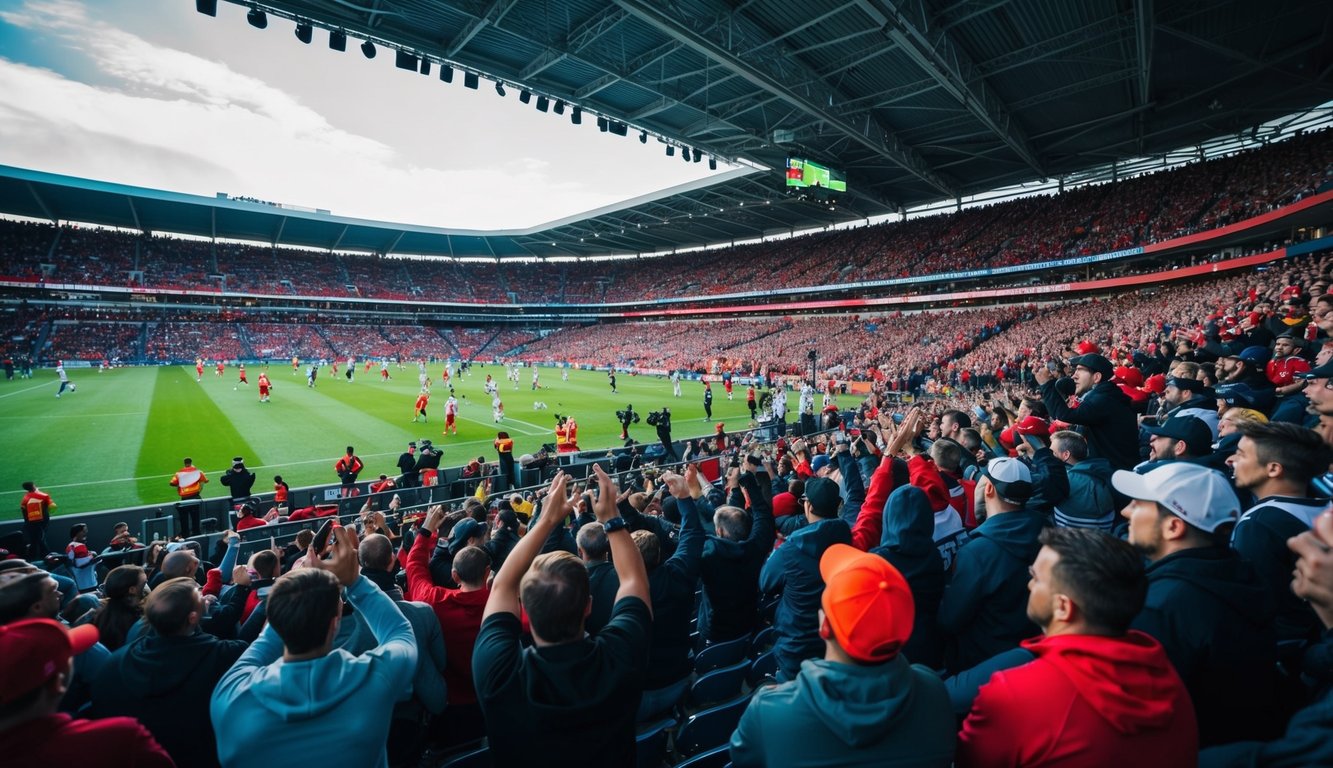 Sebuah stadion olahraga yang ramai dengan penggemar yang bersorak dan pemain yang beraksi