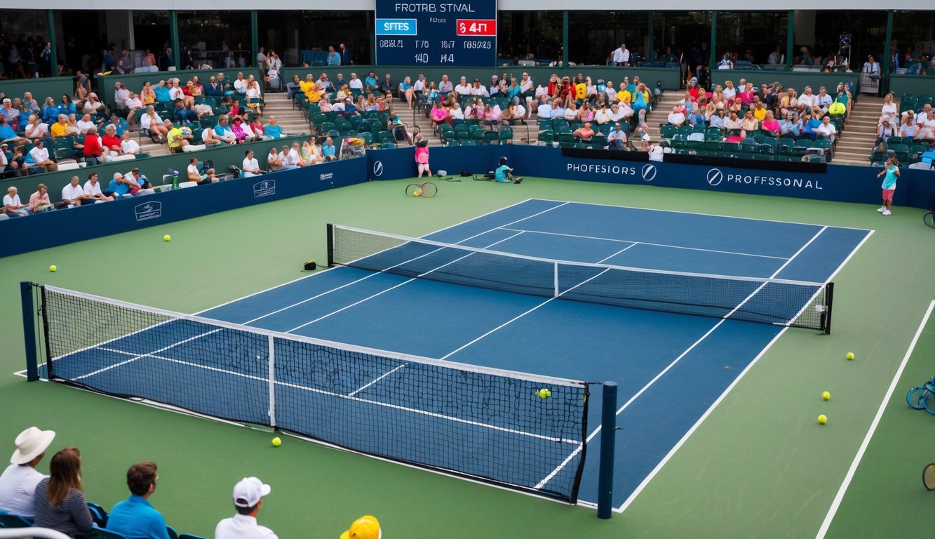 Sebuah lapangan tenis dengan jaring, raket, dan bola tenis, dikelilingi oleh penonton dan papan skor