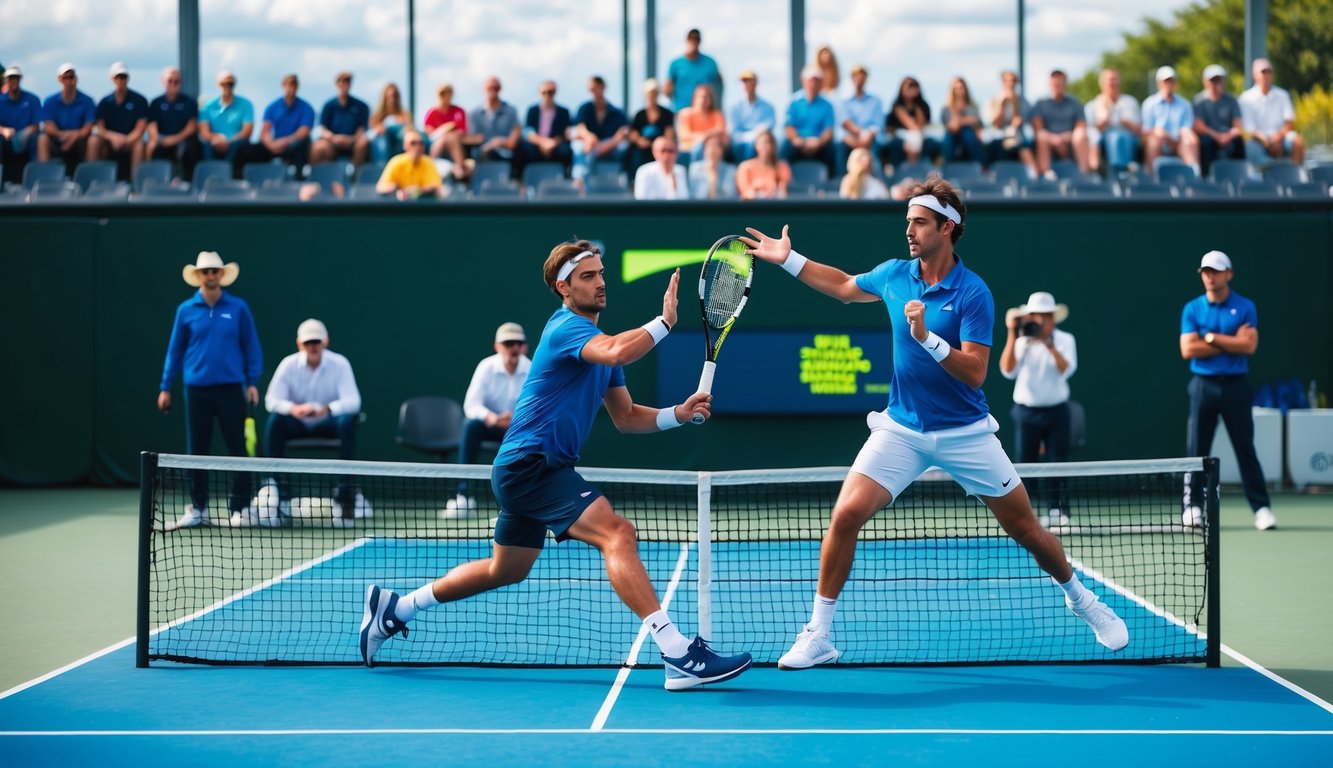 Sebuah lapangan tenis dengan dua pemain yang sedang beraksi, dikelilingi oleh penonton dan pelatih, dengan fokus yang intens dan permainan yang strategis.