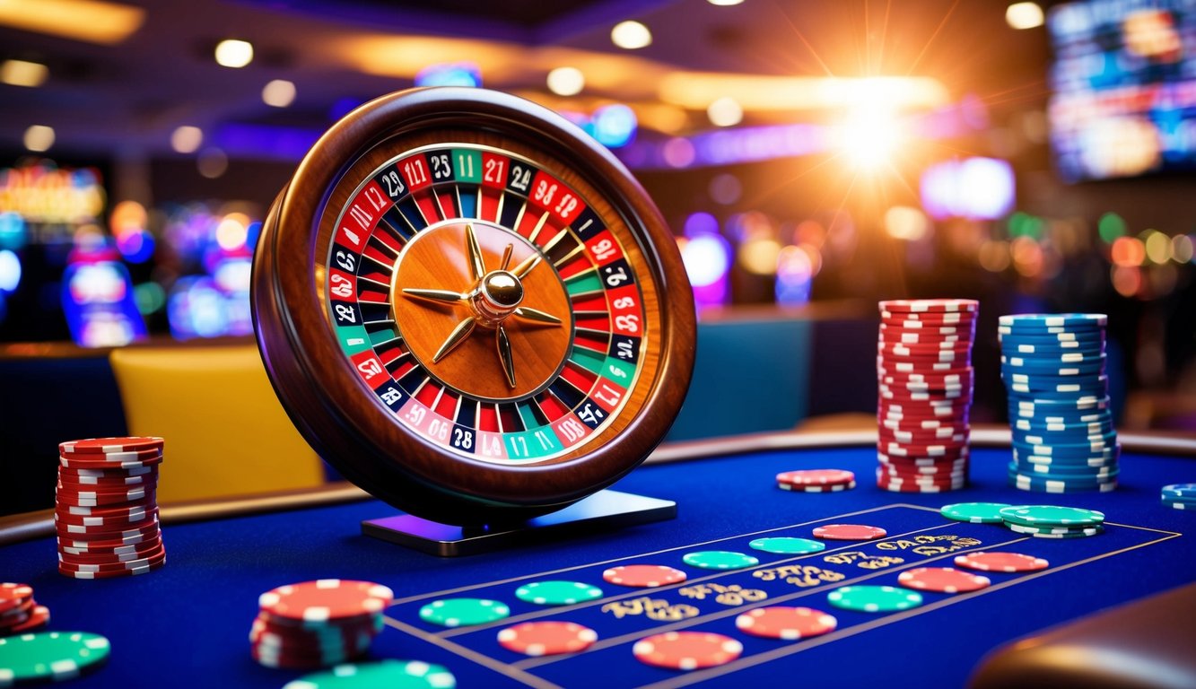 Roda roulette berwarna-warni berputar di lingkungan kasino online yang hidup, dikelilingi oleh chip dan kartu virtual di meja