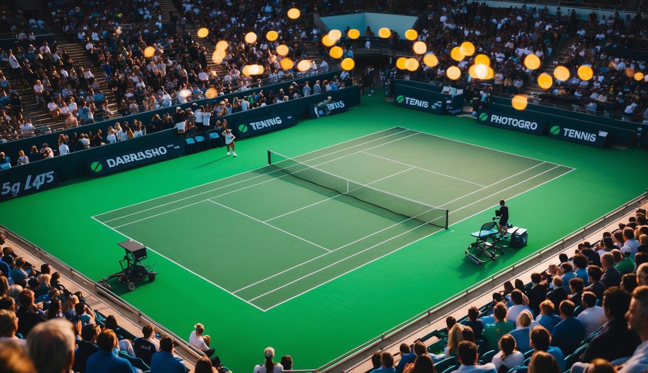 Sebuah lapangan tenis dengan permukaan hijau cerah dan garis batas putih, dikelilingi oleh kerumunan penonton dan diterangi oleh cahaya hangat lampu stadion