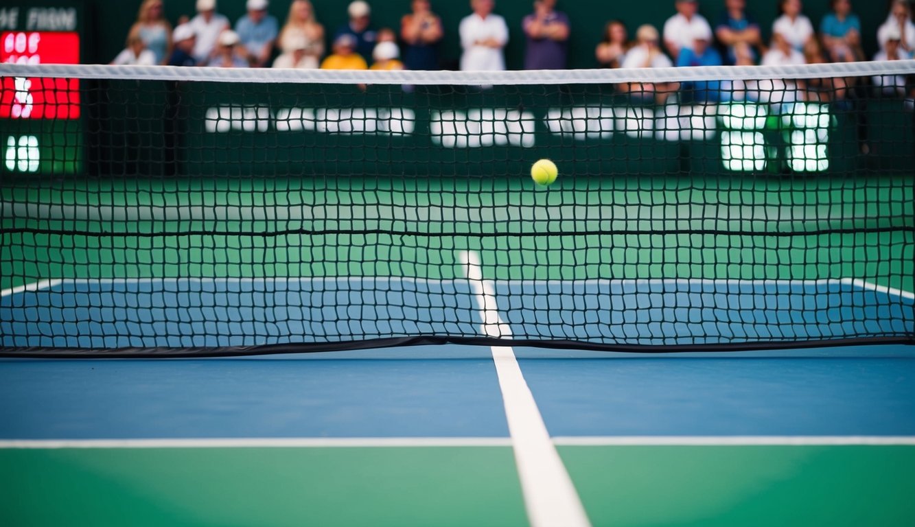 Sebuah lapangan tenis dengan jaring, papan skor, dan tanda garis, dengan penonton di latar belakang