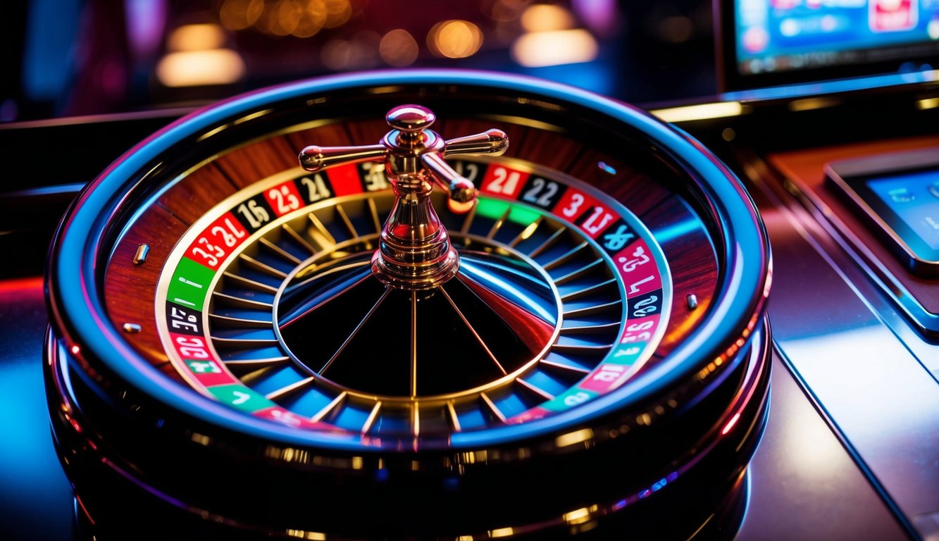 Roda roulette berwarna-warni berputar di dalam suasana kasino online yang ramping dan modern