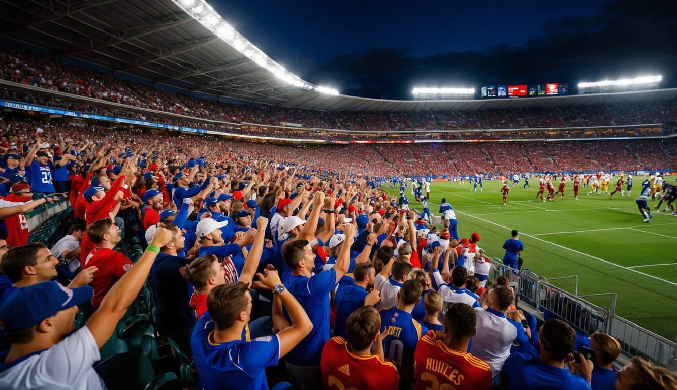 Sebuah stadion olahraga yang ramai dengan penggemar yang bersorak dan atlet yang beraksi