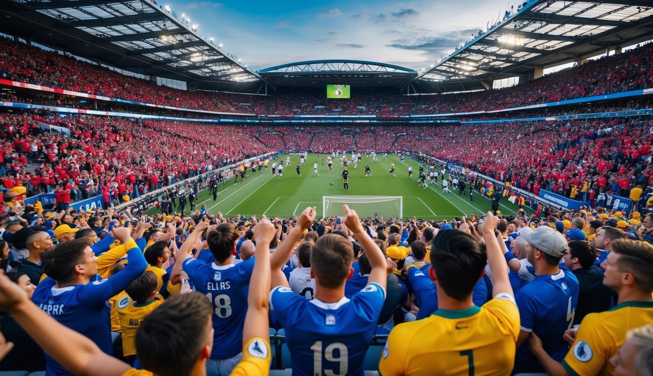 Sebuah stadion olahraga yang ramai dengan penggemar yang bersorak dan pemain yang beraksi