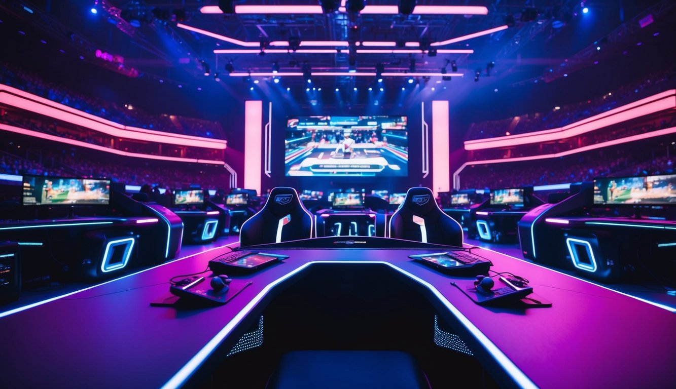 Sebuah arena futuristik yang diterangi neon dengan peralatan permainan berteknologi tinggi yang ramping dan layar besar yang menampilkan kompetisi esports yang intens