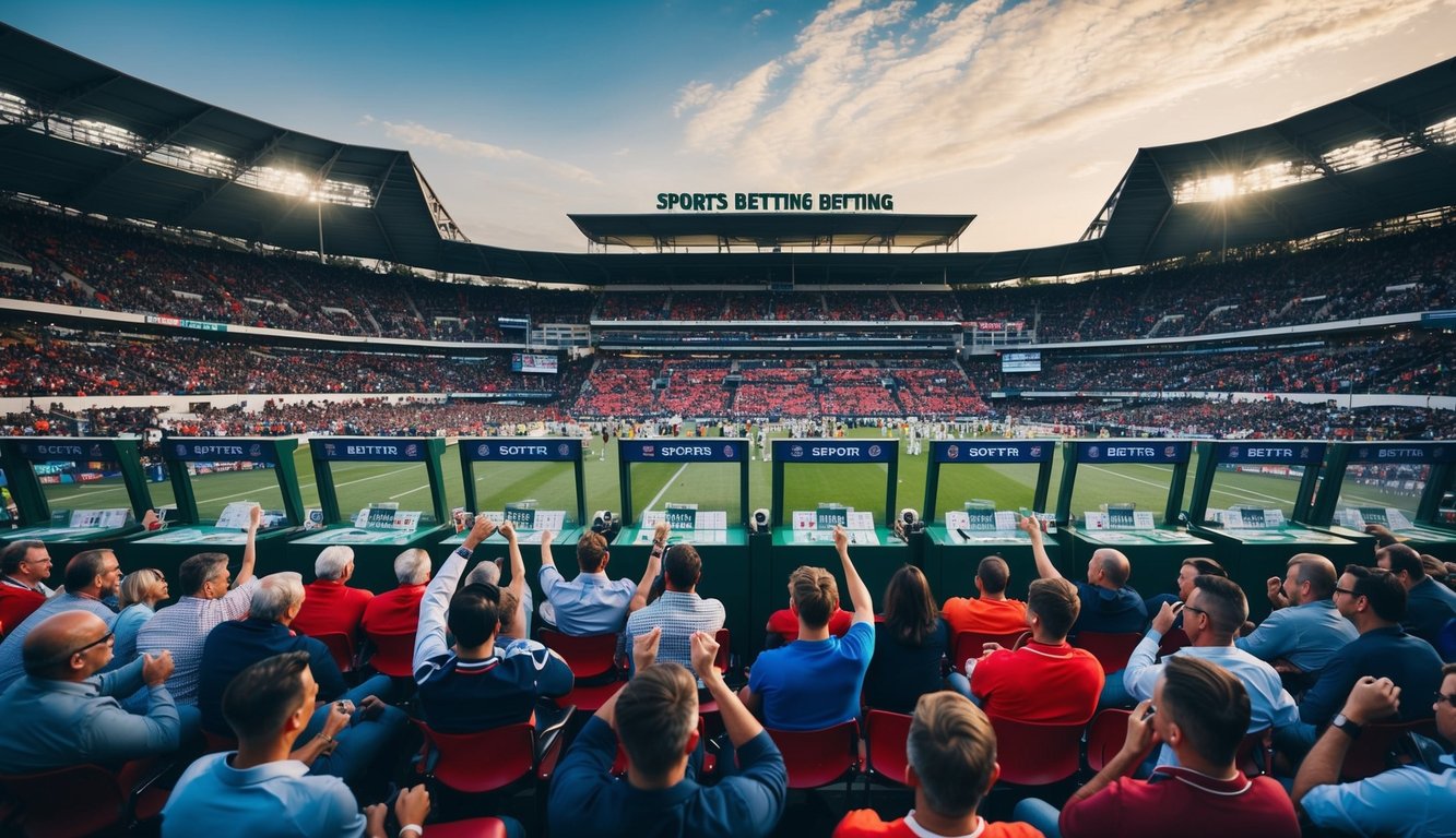 Sebuah stadion olahraga yang ramai dengan orang-orang bersorak dan memasang taruhan di kios taruhan olahraga resmi