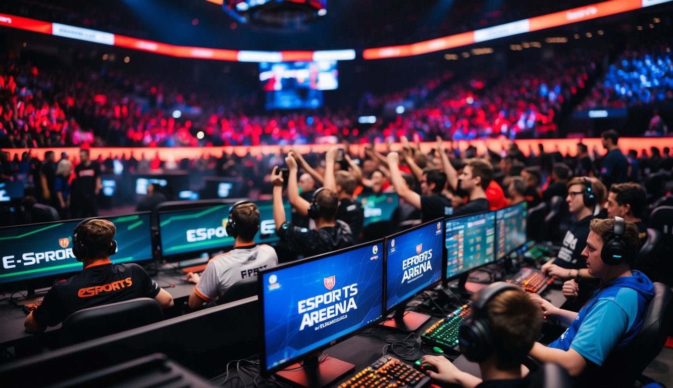 Sebuah arena esports yang ramai dengan permainan yang intens dan penggemar yang bersorak