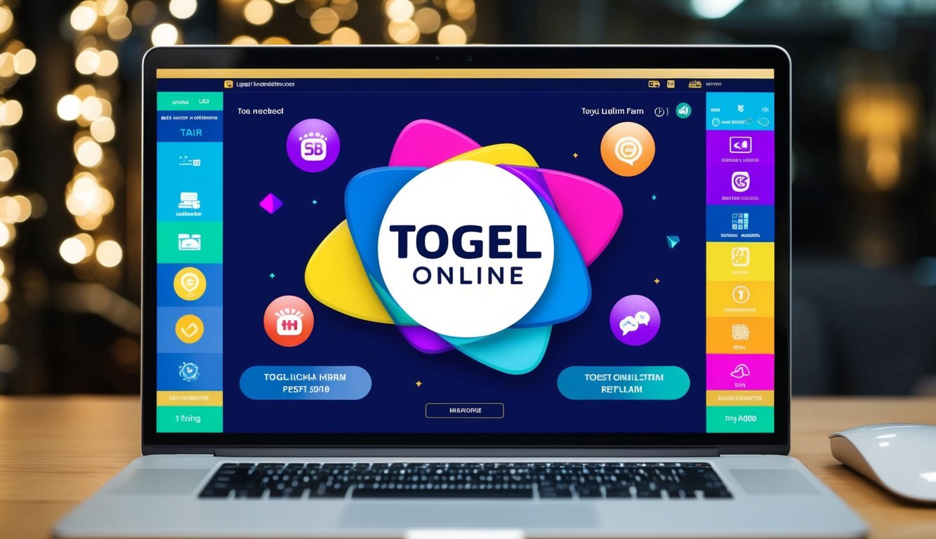 Antarmuka digital yang berwarna-warni dengan logo yang mencolok dan elemen interaktif untuk Togel Online Resmi