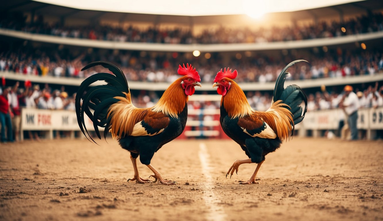 Sebuah arena sabung ayam dengan penonton yang bersorak dan dua ayam jantan agresif yang saling berhadapan di tengah