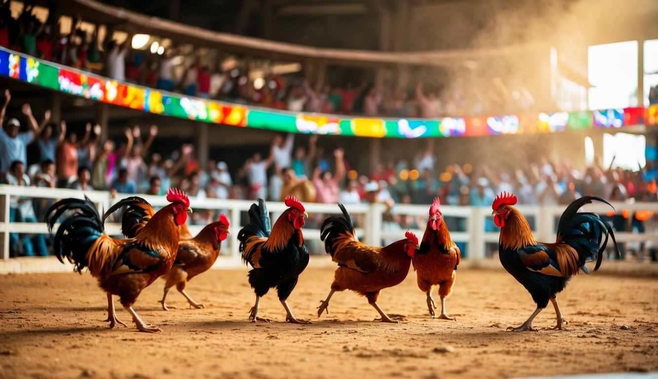 Sebuah arena sabung ayam yang berwarna-warni dan hidup dengan penonton yang bersorak-sorai dan ayam jantan di tengah-tengah pertarungan yang sengit