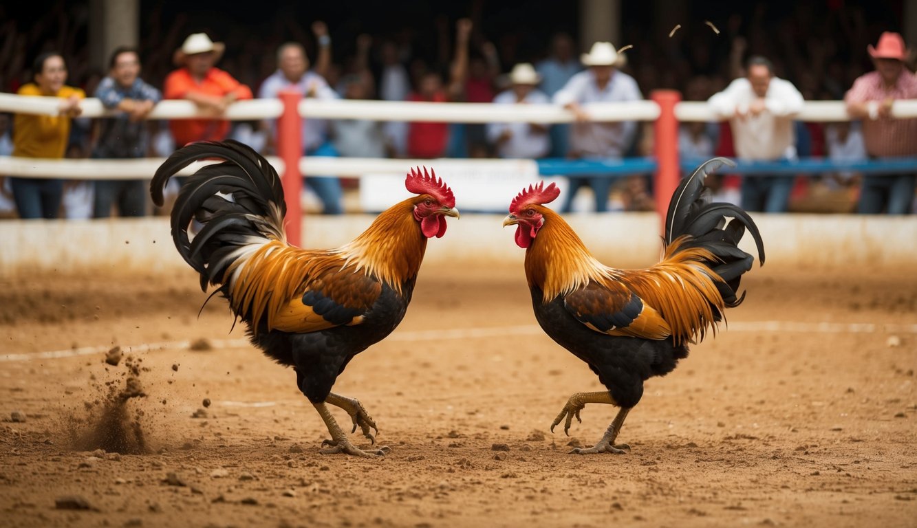 Dua ayam jantan berhadapan di sebuah lubang tanah yang dikelilingi oleh penonton yang bersorak. Bulu-bulu beterbangan saat mereka bertarung di arena sabung ayam tradisional.