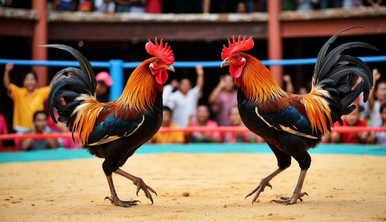 Dua ayam jantan dalam pertarungan sengit di dalam arena sabung ayam tradisional. Penonton bersorak di latar belakang