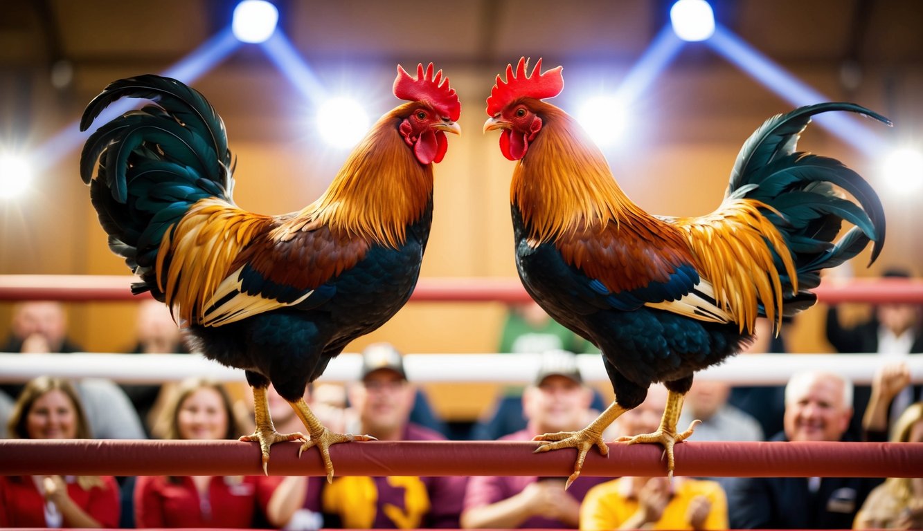 Dua ayam jantan berhadapan di arena, dikelilingi oleh penonton yang bersorak dan lampu terang