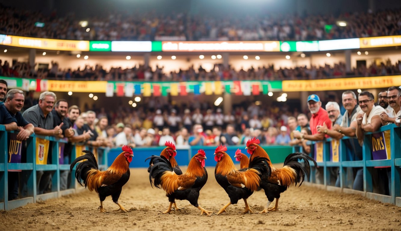 Sebuah arena yang ramai dengan ayam jantan yang bertarung, dikelilingi oleh penonton yang bersorak dan spanduk berwarna-warni