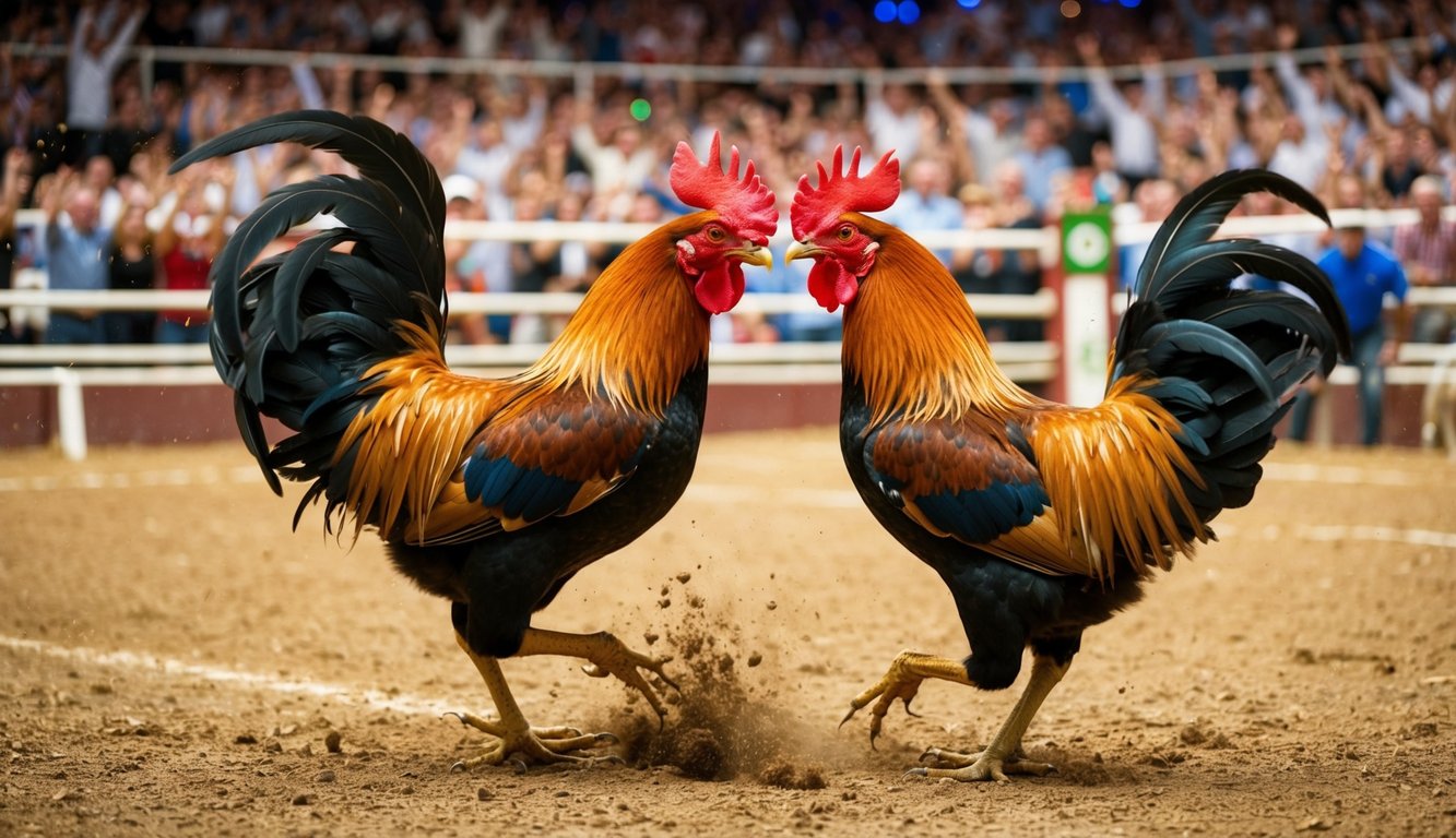 Sebuah arena yang ramai dipenuhi penonton yang bersorak, dua ayam jantan megah saling berhadapan dalam pertarungan yang sengit, bulu-bulu beterbangan saat mereka bertabrakan di tengah ring.