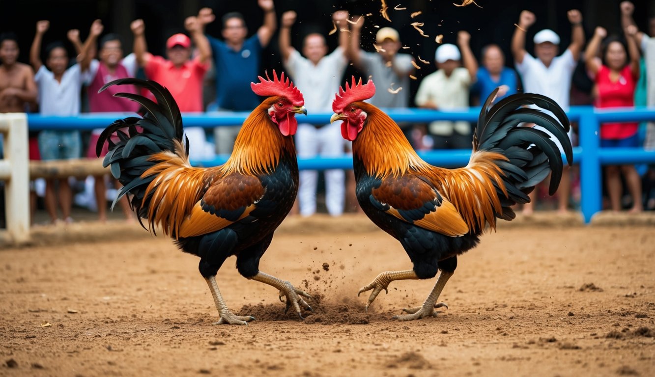 Dua ayam jantan berhadapan di arena tanah yang dikelilingi oleh penonton yang bersorak. Bulu beterbangan saat mereka bertarung dalam sabung ayam tradisional Indonesia.