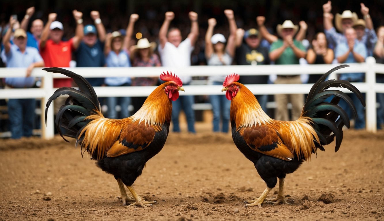 Dua ayam jantan berhadapan di sebuah lubang tanah yang dikelilingi oleh penonton yang bersorak