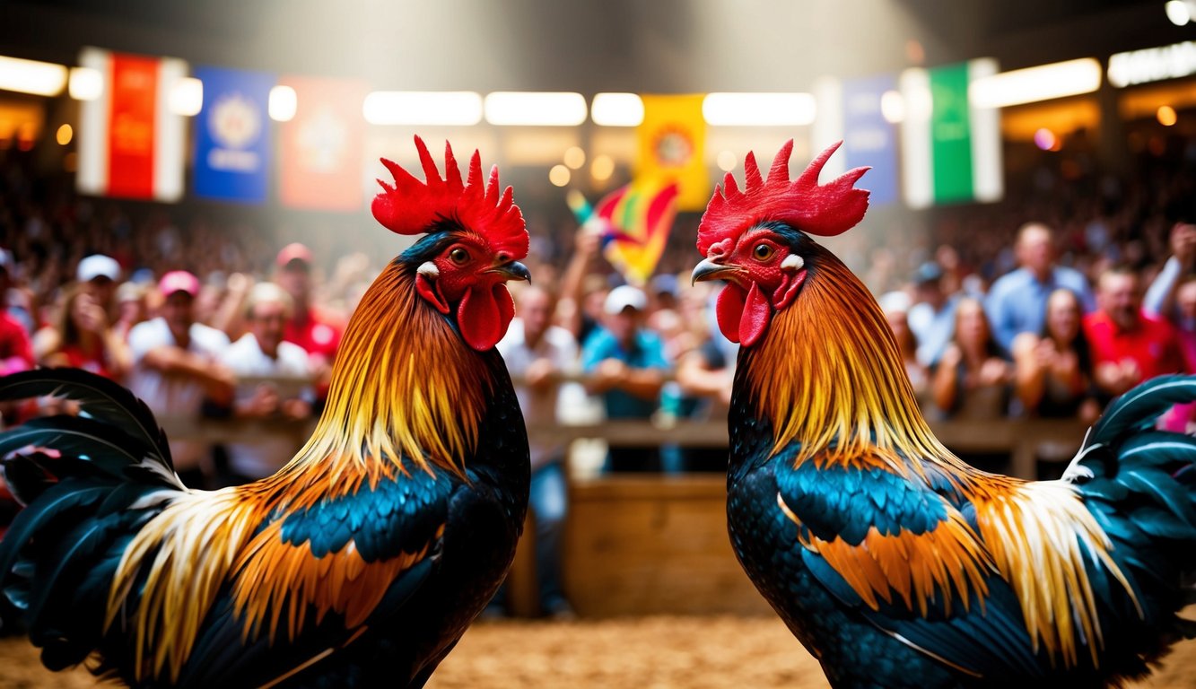 Dua ayam jantan berhadapan di arena yang ramai, dikelilingi oleh penonton yang bersorak dan spanduk berwarna-warni