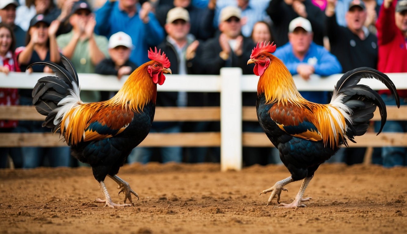 Dua ayam jantan berhadapan di arena pertarungan tanah, dikelilingi oleh penonton yang bersorak