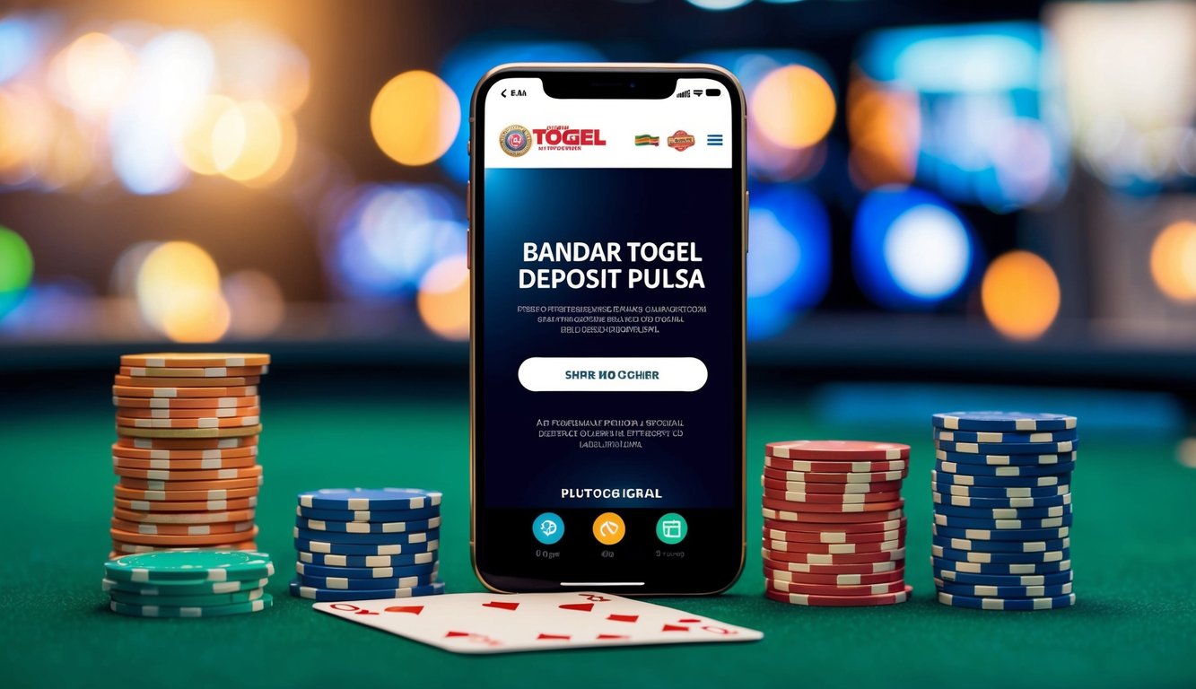 Sebuah smartphone yang bersinar menampilkan situs web Bandar Togel Deposit Pulsa, dikelilingi oleh tumpukan chip berwarna-warni dan selembar kartu.