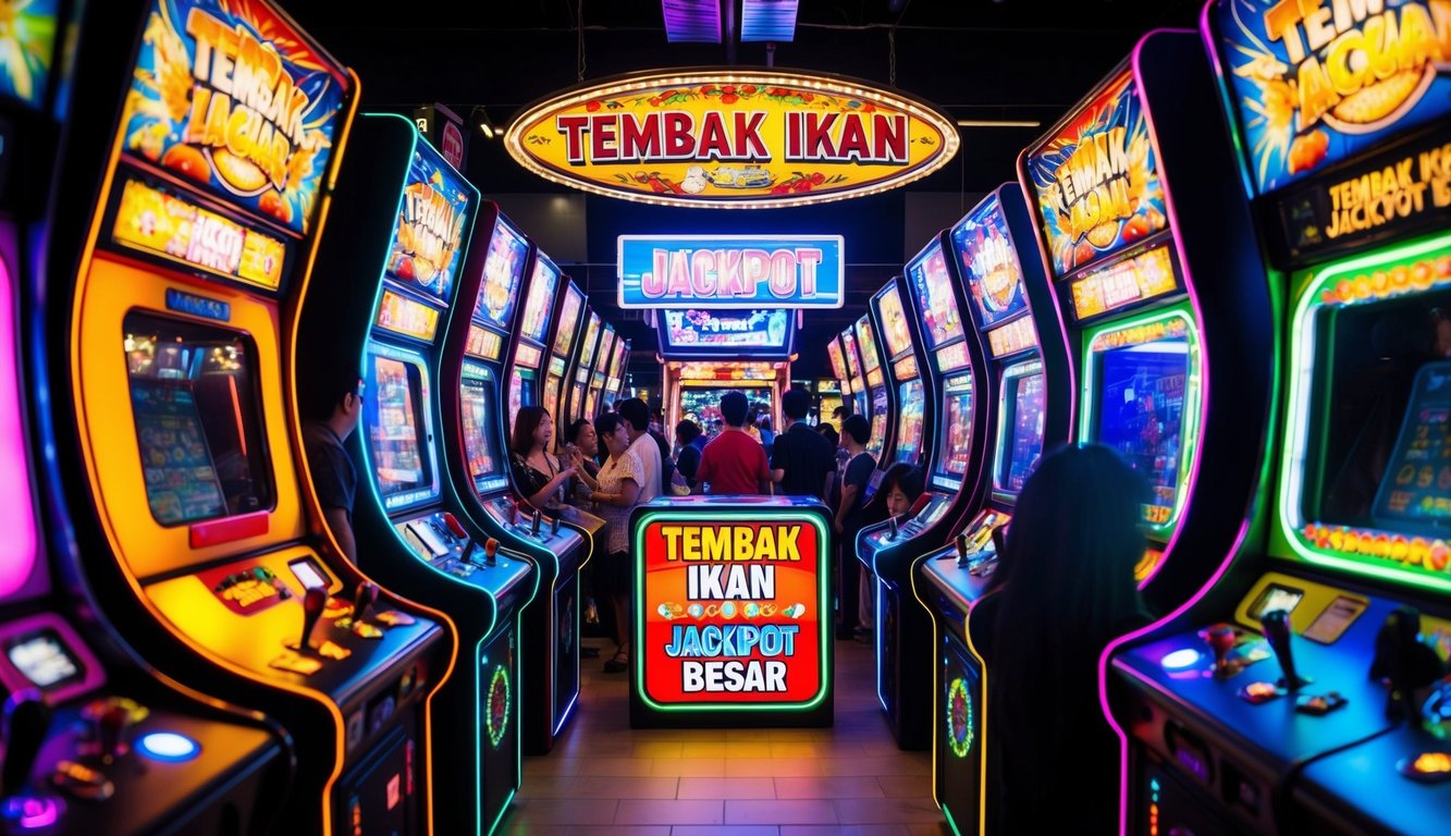 Sebuah arcade yang ramai dipenuhi dengan lampu berwarna-warni yang berkedip dan suara mesin arcade, dengan permainan "Tembak Ikan Jackpot Besar" di tengah yang menarik kerumunan.