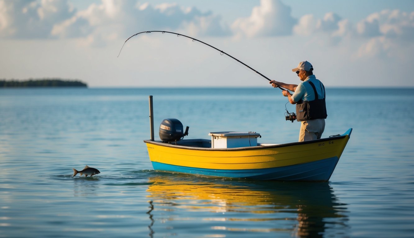 Sebuah perahu kecil untuk memancing di air tenang, dengan seorang nelayan yang mengarahkan harpun ke ikan kecil.