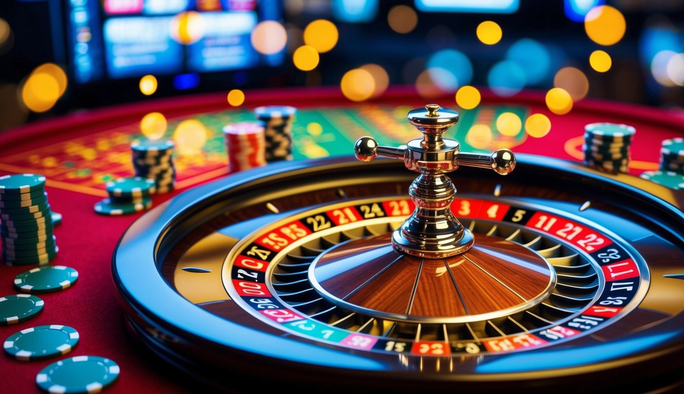 Meja roulette online yang hidup dengan antarmuka yang ramping dan roda yang berputar, dikelilingi oleh chip virtual dan suasana digital yang semarak