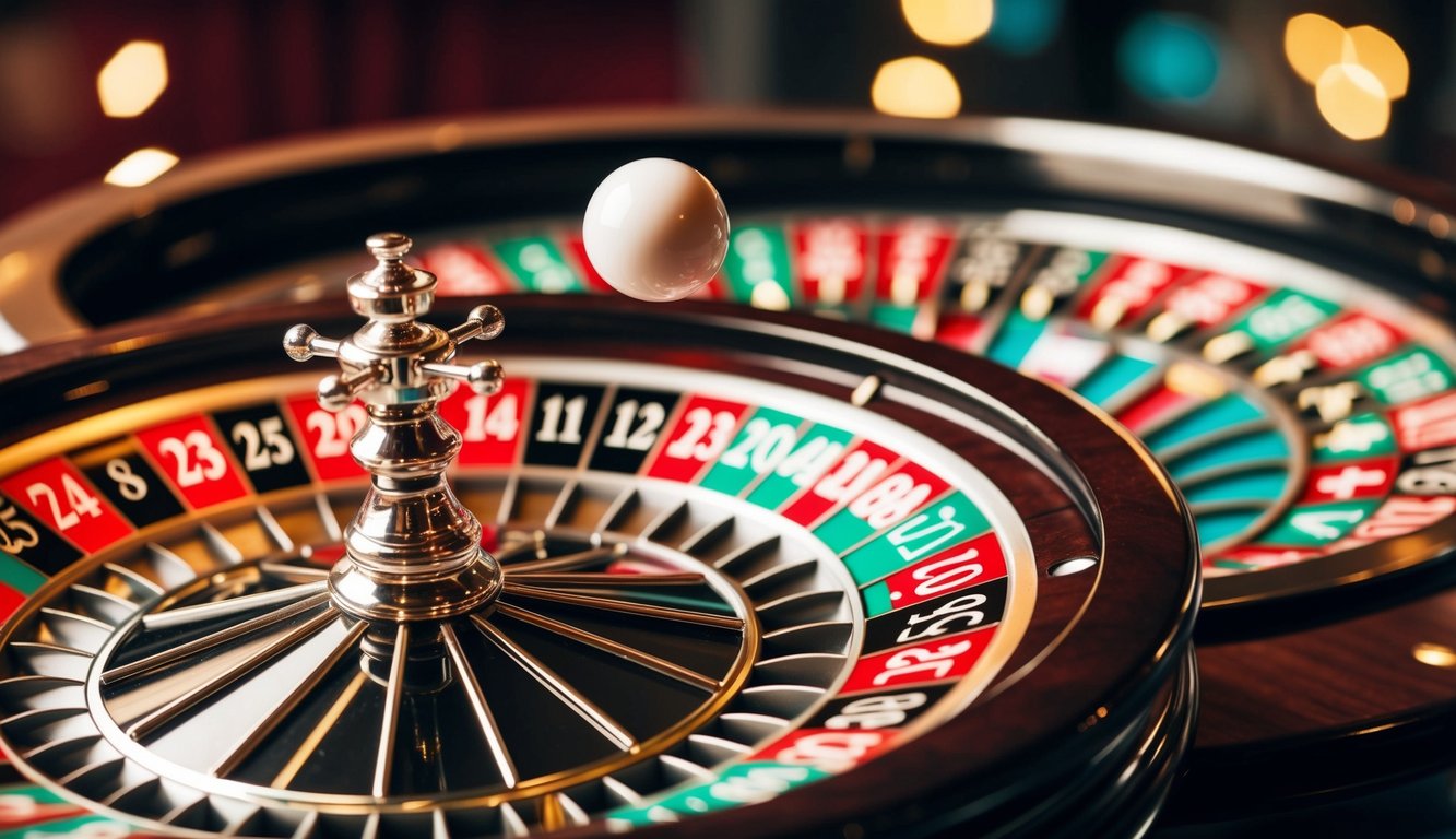 Roda roulette yang berputar dengan slot bernomor berwarna-warni dan bola putih kecil yang melompat-lompat