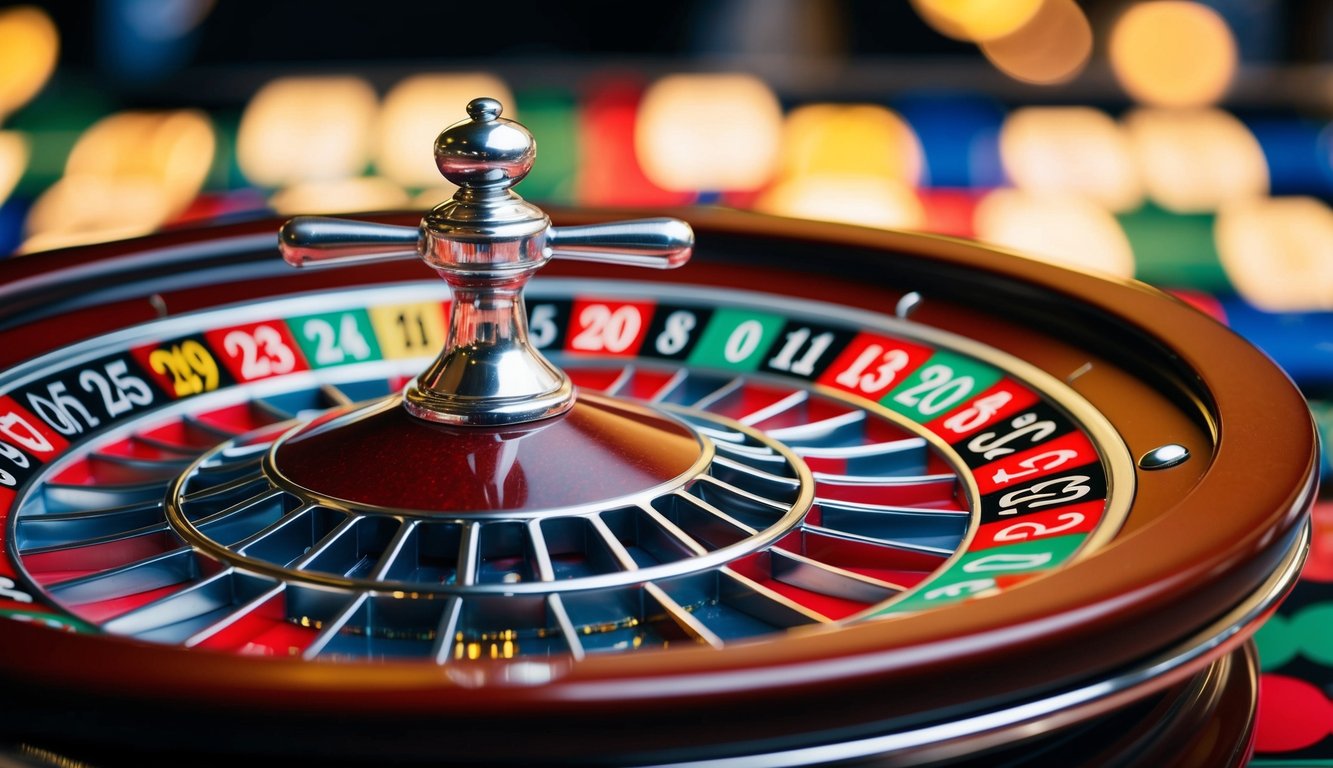 Roda roulette online yang berputar dengan slot bernomor berwarna-warni dan bola perak kecil yang bergerak