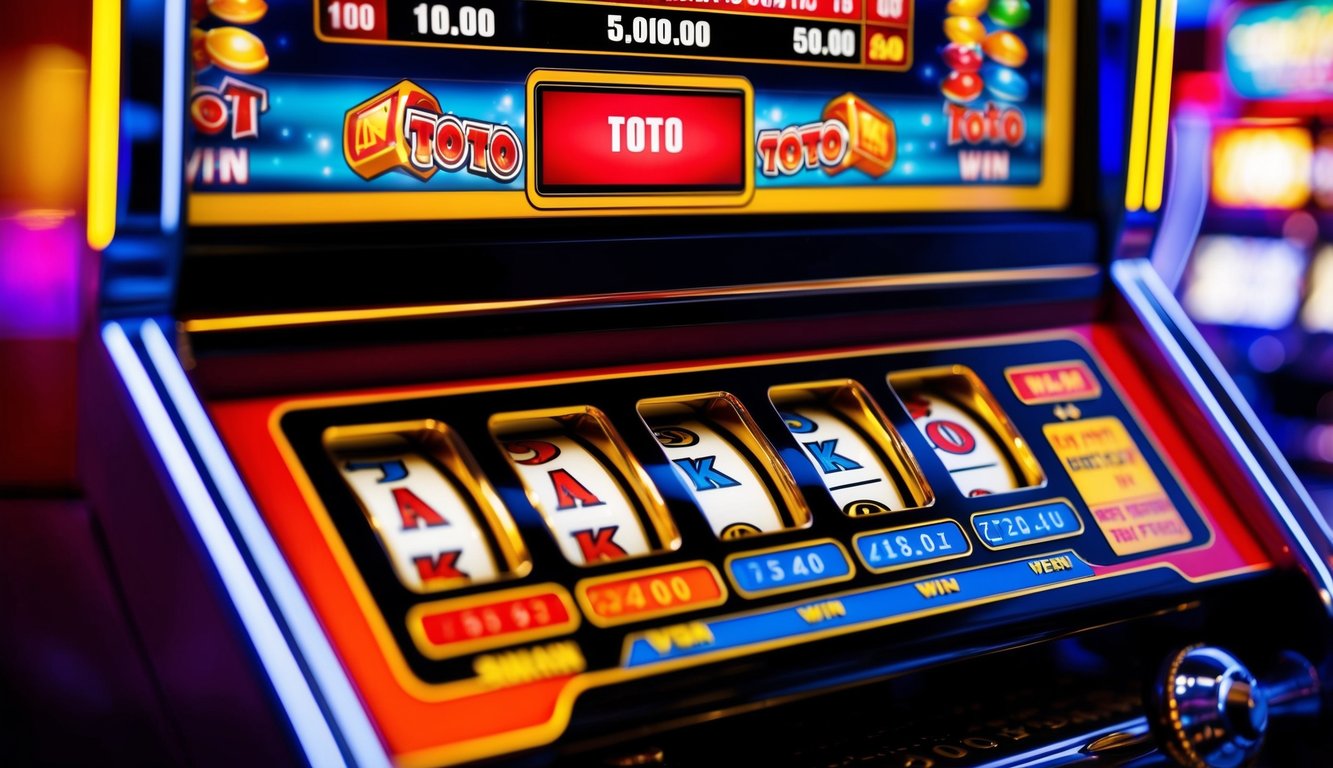 Mesin slot berwarna-warni dengan tema Toto, menampilkan kemenangan jackpot