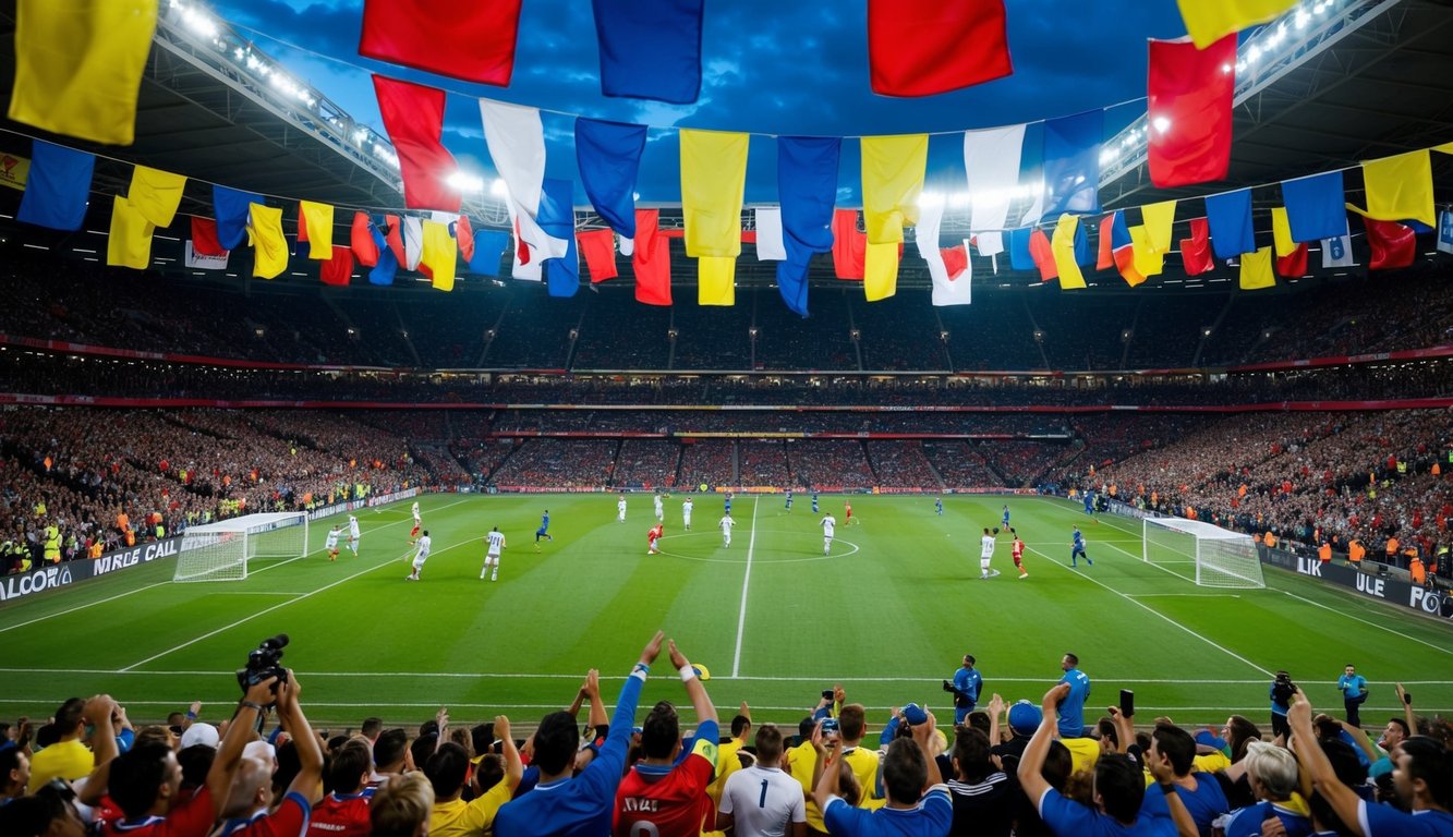 Sebuah stadion yang penuh sesak dengan pemain di lapangan sepak bola, dikelilingi oleh penggemar yang antusias bersorak dan melambai bendera