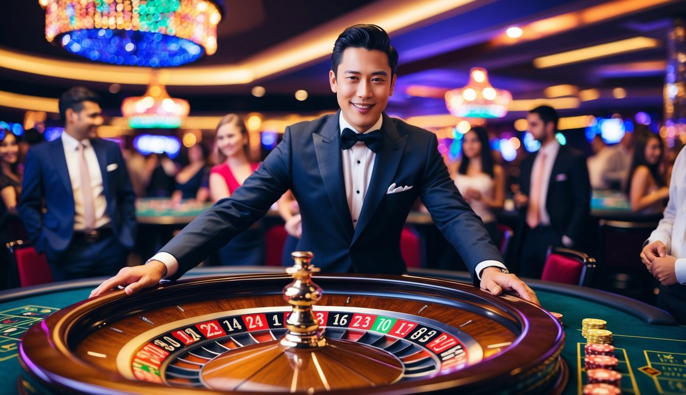 Lantai kasino yang ramai dengan meja roulette dikelilingi oleh pemain yang antusias dan seorang dealer yang bergaya, semua di bawah cahaya yang berwarna-warni