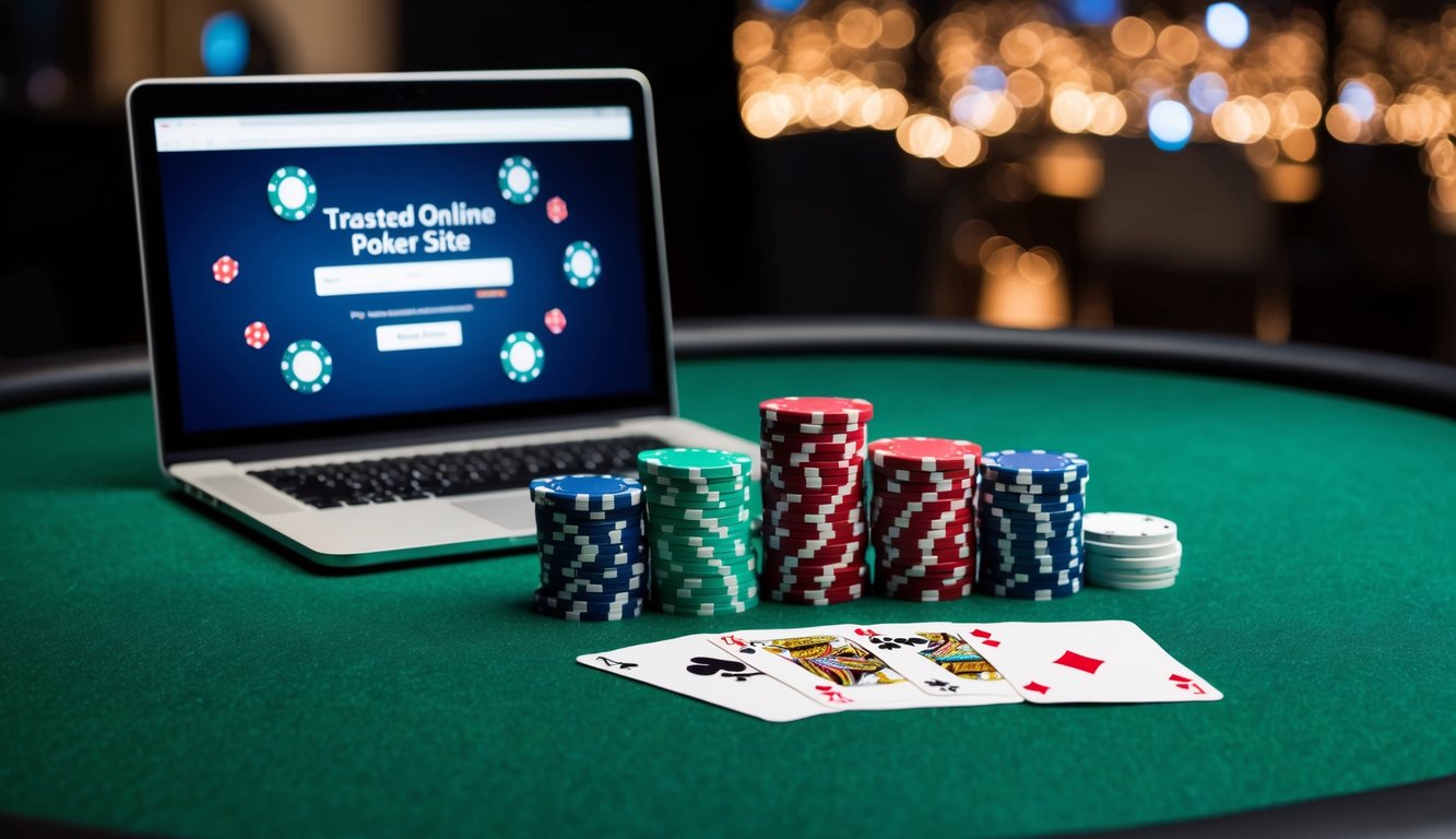 Sekelompok chip poker dan kartu yang disusun di atas meja felt hijau, dengan laptop ramping yang menampilkan situs poker online tepercaya