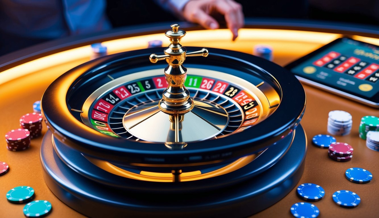 Roda roulette digital berputar di layar yang bersinar, dikelilingi oleh chip berwarna-warni dan antarmuka taruhan yang ramping