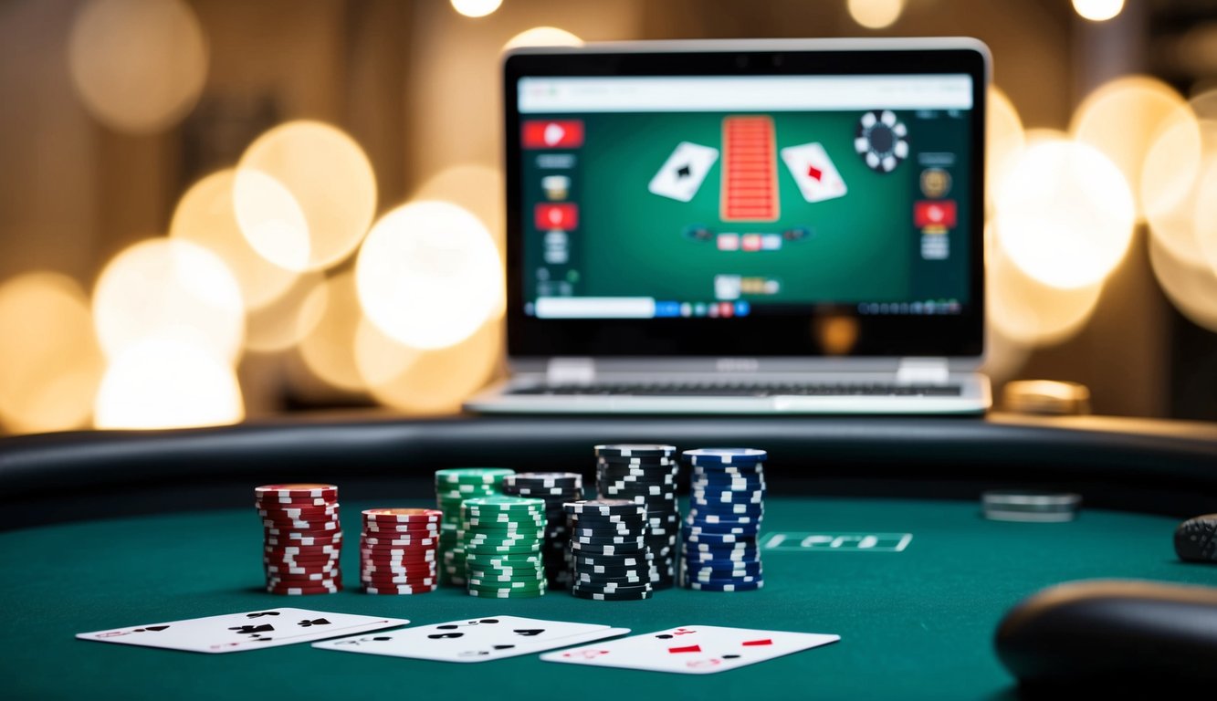 Sebuah meja poker dengan chip, kartu, dan layar komputer yang menunjukkan tangan menang