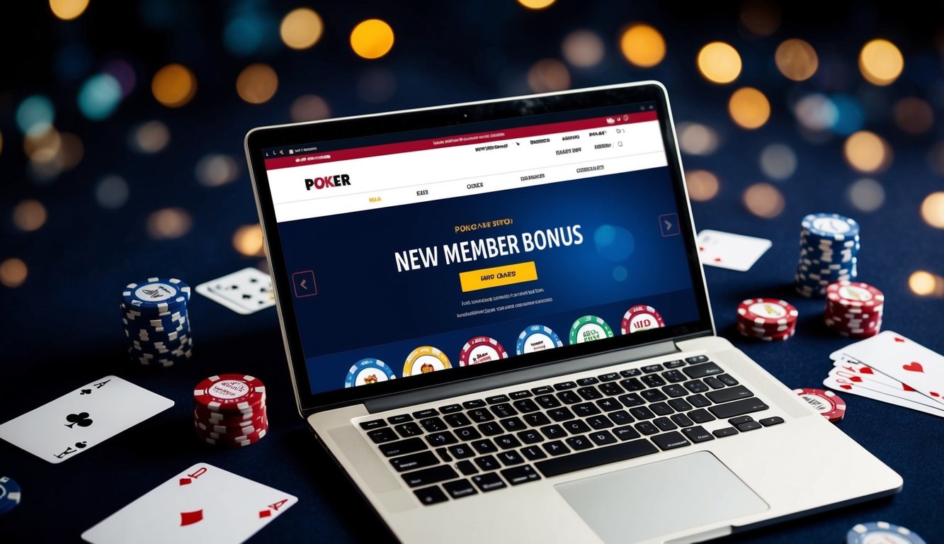 Sebuah laptop yang menampilkan situs web poker dengan tawaran "bonus anggota baru", dikelilingi oleh chip kasino dan kartu permainan