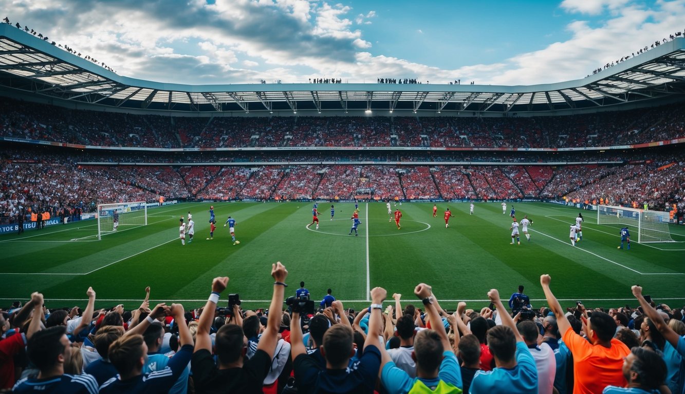 Sebuah stadion sepak bola yang ramai dengan penggemar yang bersorak dan pemain di lapangan